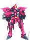 Six pixelated mecha frames in a , pink and black with yellow accents, white antennae, gray background