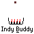 Animated pixel art of a yellow figure with white head holding a red bat, swinging at red flames on a gray background with repeated text below.