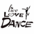 Black and white pixelated icon with 'Live Love Dance' text and a dancing figure silhouette, showing animation changes across frames.