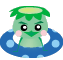 Green cartoon character with spiky hair floats in blue ring, showing two facial expressions: neutral and smiling.