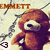 Brown teddy bear with white snout stands against barbed wire background; green display text and heart symbols