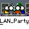 Animated contact sheet of a pixel art LAN party icon featuring stick figures with speech bubbles and repeated text, displayed in 5x4 grid layout on gray background.