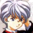 Pixelated anime-style character with silver hair and blue eyes, wearing a white collar and red garment, next to black background with white text.