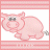 Pixelated pink pig with gray eyes and a curly tail inside a striped frame, next to text reading "Maci loves Piggs" on a solid background.