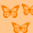 Three orange pixelated butterflies on a light orange background, each with distinct wing patterns and positions.