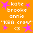 Orange background with white text and pink stars; static image showing repeated 'kate brooke annie' text, "KBA crew" quotes, and '<3' symbols.