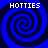 Four identical blue spiral patterns arranged in a with white text 'HOTTIES' above each spiral on a dark blue background