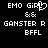 Pixelated text and symbols on black background: 'EMO GIRL' with heart symbol, '&&', 'GANSTER R', 'BFFL' in white block letters.