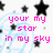 Pixelated image with pink text, black stars, and light blue swirls on white background; gray rectangle in bottom-right corner.
