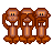 Three pixelated brown monkeys stand side-by-side on a gray background, each with distinct hand positions and facial expressions.