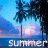 Pixelated beach scene with palm trees, sunset sky, and water; text changes from 'SUMMER' to 'love' across frames.