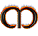 identical stylized lowercase 'm' characters with black outlines, orange inner borders, and white flame-like effects on top, set against a light gray background