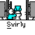 Pixelated animation of a teal figure interacting with a white toilet in cubicles, labeled "Swirly" below.