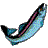 Pixelated fish-shaped icon with gradient blue-green body, black outline, and pinkish-red internal stripe on gray background.