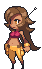 Pixel art character with brown hair and antenna, wearing pink crop top and yellow pants in three distinct poses.