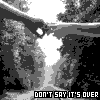 Black-and-white waterfall scene with text "DON'T SAY IT'S OVER" in blue and white pixelated font, repeated