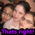 A pixelated image of four people in a group pose with text at the bottom changing from 'Thats right!' to 'Be jealous!'