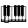 Six-frame contact sheet of a pixelated piano keyboard animation with black and white keys shifting across frames on a gray background.