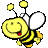 Pixelated yellow bee mascot with black stripes, white wings, and two floating yellow orbs on antennae against gray background.