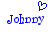 Blue pixelated heart above two identical blue pixelated text 'Johnny' with musical note symbols on white background.