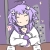 Pixelated character with long purple hair, closed eyes, and a white outfit with purple accents against a purple background.