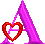 Two pink letter A shapes with heart-shaped cutouts, one red and one cyan, on a gray background.
