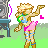 Pixel art animation of a blonde woman in pink and blue bikini dancing with green sparkles against gray background.