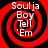 Four identical red and black spiral patterns with white text reading 'Soulja Boy Tell 'Em' arranged in a on a solid black background