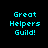 Four display 'Great Helpers Guild!' in cyan pixelated text against black, gray, white, and gray backgrounds