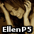 A pixelated image of a person with hands raised, showing two text overlays: 'EllenP5' and '<3' in the top section, and 'Miley' in the bottom section.