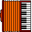 Pixelated accordion with orange bellows and black-and-white piano keys, displayed in multiple states of expansion across a gray background.