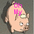 Pixelated cartoon pig with light brown skin and a small green patch on its head, displayed in a with changing pink text above it