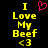 Yellow pixelated text "I Love My Beef <3" on black background with pink heart symbol above the 'I' in left view, identical right view.