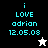 Pixelated text reads 'i LOVE adrian 12.05.08' with a white star on black background and a black star on white background.
