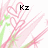 Pixelated pink and green floral design with multiple heart shapes, black text 'Kz' in top-right corner, white background.