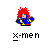Pixelated character with red spiky hair, blue and yellow outfit, gray face, standing against light gray background with 'X-MEN' text below.