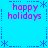 Pixelated blue background with pink text 'happy holidays' and blue snowflake/dashed line borders in a
