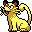 Pixel art contact sheet of a yellow cat-like creature with red eyes and brown accents in five distinct poses across 3x2 grid layout.
