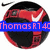 A circular red and black Nike soccer ball with a white swoosh logo, overlaid by a blue banner with pink text reading "thomasR740".