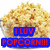 Pixelated image of a popcorn pile with two blue text boxes displaying 'I LUV' and 'POPCORN!!!' in red letters.