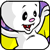 Pixelated cartoon character with white face, black eyes, pink mouth accents, red lower lip, and yellow shoulder pads against gray background.