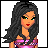 Pixel art of a female character with long dark hair, green eyes, and red lips in a pink striped top and black skirt, shown in multiple views.