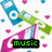 Pixelated digital artwork featuring a blue and green music player icon, pink and white shapes, scattered hearts, and text elements reading 'music', 'is', and 'love<3' against a white background.