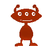 A red cartoon alien with three eyes, two antennae, and a smiling mouth appears in multiple poses across a