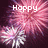 Pixelated fireworks display with pink and white bursts against dark background, text 'Happy' at top left, 'New' at top right, 'Year' at bottom center.