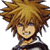 Pixelated character with spiky brown hair and blue eyes, smiling face next to blue text 'Sora' on gray background.