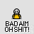 Pixel art character in yellow shirt with multiple states: static pose, weapon firing (red particles), speech bubble text "OOPS," and repeated "BADAM OHSHIT!" below.