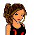 Pixel art contact sheet showing multiple frames of a female character with brown hair in a bun, wearing a black crop top with flame design and white-accented pants, alongside text elements "blonde," "at," and "heart" on colored backgrounds.