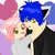 Two pixelated anime-style characters with pink and blue hair kiss, surrounded by pink hearts against a purple background.