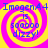 Four identical square display a yellow and pink spiral background with blue text reading "ImogenA4 is soooo dizzy!" in a pixelated font